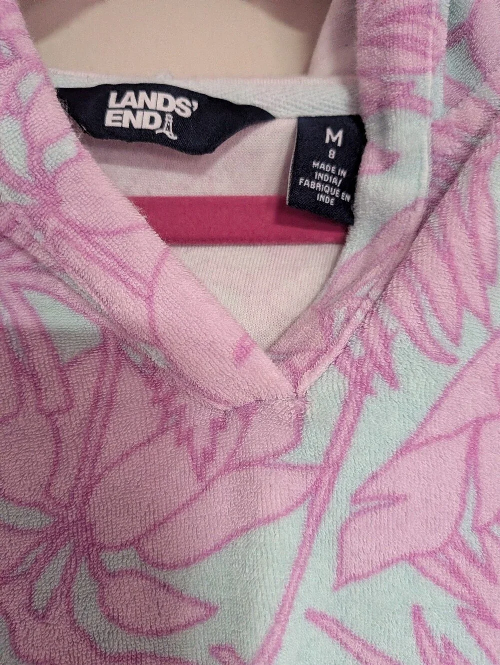 Lands End Girls Swim Cover Up Dress Terry Cloth Hooded Tropical Pink Blue Size M